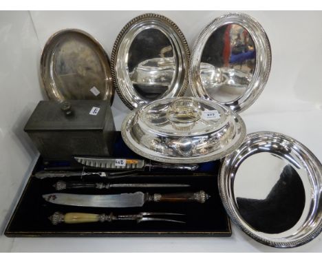 A tray lot of metalware - entree dish, pewter tea caddy, carving set etc Condition Report: Available upon request