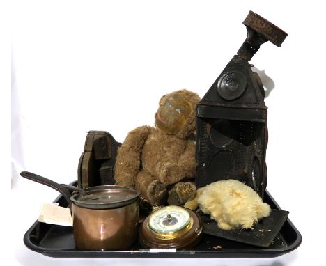 A tray lot including Merrythought monkey, (worn), lantern, copper pot etc Condition Report: Available upon request