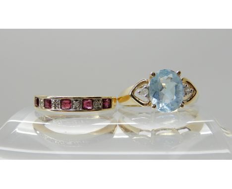 A 9ct ruby and diamond half eternity ring, size M and a 9ct blue gem and diamond ring size M1/2, combined weight 4.1gms Condi