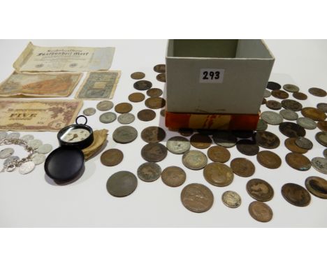 A collection of GB pre-decimal and pre'47 coins, foreign coins and banknotes, bracelet and a pocket compass Condition Report: