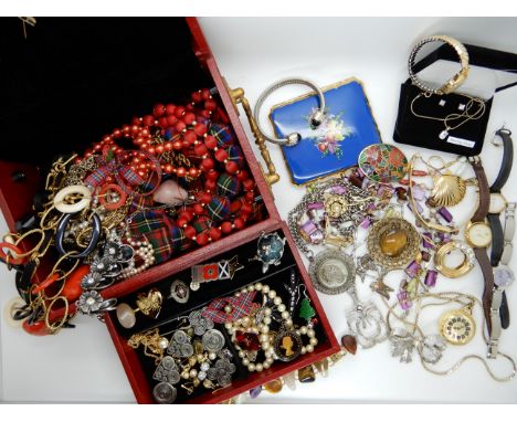 A collection of costume jewellery, a compact and fashion watches Condition Report: Not available for this lot