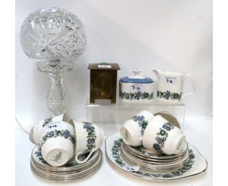 A cut glass lamp, a brass Arts and Crafts tea caddy and a Royal Doulton Espirit teaset Condition Report: Available upon reque