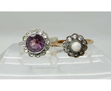 A 9ct opal and clear gem set flower ring size Q, together with a 9ct and silver gem set ring size O1/2, combined weight 5gms 