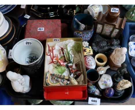 Assorted Asian items including a tea caddy, ivory smiling Buddha, miniature pottery buildings etc Condition Report: Available