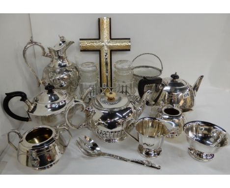 A tray lot of EP - tea service, hot water jug, sugar basket, cross etc Condition Report: Available upon request