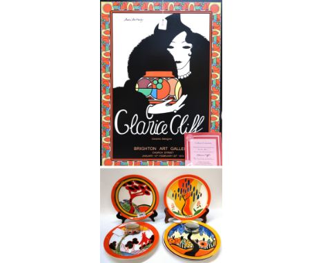Six Wedgwood Clarice Cliff plates, two napkin rings, together with a First Lady of Art Deco plaque (9) Condition Report: Avai
