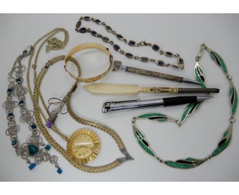 A carved bone pen and paper knife 'Stanhope' of Robert Burns, gold plated bangle and other items Condition Report: Not availa