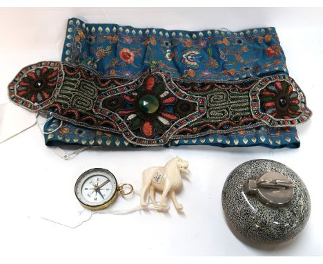 Embroidered silk panel, beaded and needlework panel, compass, curling stone inkwell etc Condition Report: Available upon requ