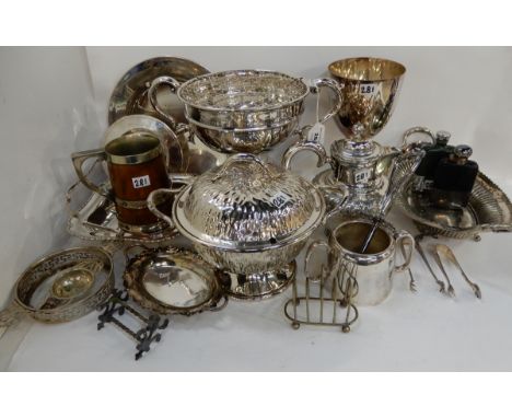 A tray lot of EP - trophy cup, goblet, coffee pot, oak tankard, hip flask etc Condition Report: Available upon request