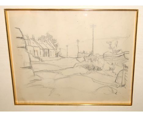 ATTRIBUTED TO E A TAYLOR Cottages and boats, pencil sketch on Arches paper, 23 x 28cm, J W BENNET Strathmiglo, signed, waterc