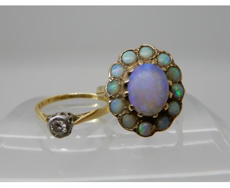 A 9ct gold blue opal cluster ring size K, weight 3.4gms, together with an 18ct gold diamond solitaire ring size I, weight 1.2