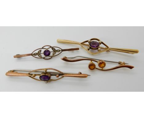 A 15ct gold amethyst and pearl brooch, length 6.2cm, weight 5.1gms and three 9ct gold amethyst, pearl and citrine brooches (o