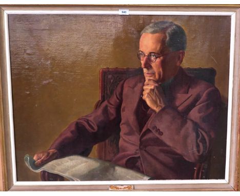 EDWARD IRVINE HALLIDAY Portrait of a gentleman, seated and holding a newspaper, signed, oil on canvas, dated, 1941, 71 x 90cm