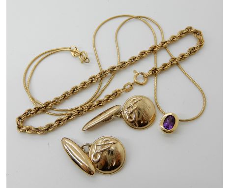 A 9ct amethyst pendant and snake chain, length 41cm, a 9ct rope chain bracelet and a pair of 9ct knotwork cufflinks combined 
