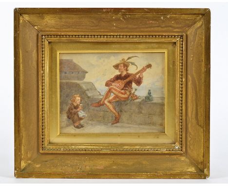 Gordon Browne 20th Century watercolour,   The Troubador', framed and glazed 16.5cm x 12.5cm, with back label Royal Institute 