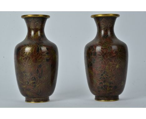 A pair of cloisonné enamel vases,  with floral decoration, height 19cm (2) 