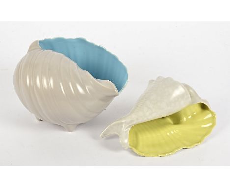 Two Poole Pottery two tone shells,     one with blue interior, one with lime green interior, both with impressed and printed 