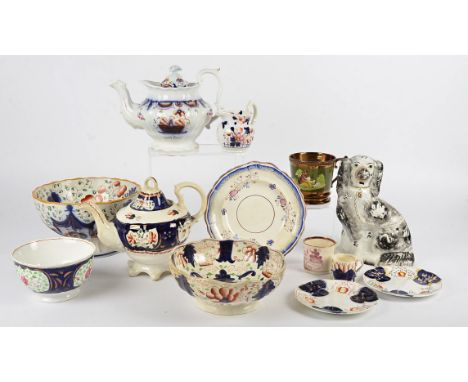 A collection of Gaudy Welsh ceramics,  including teapots, bowls and jugs, a Staffordshire style dog, unmarked ceramic cups an