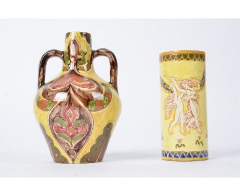 Della Robbia Pottery (Birkenhead 1894-1906), a twin handled sgraffito vase with Arabesque style decoration in ochre, red, bro