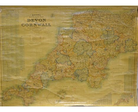 A Victorian Bacon's Excelsior map of Devon and Cornwall,  showing railways, roads, elevations and distances, also local gover