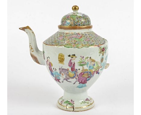 A 19th Century Famille Rose coffee pot, of baluster form,  with domed lid, decorated with ceremonial tea service and verso wi