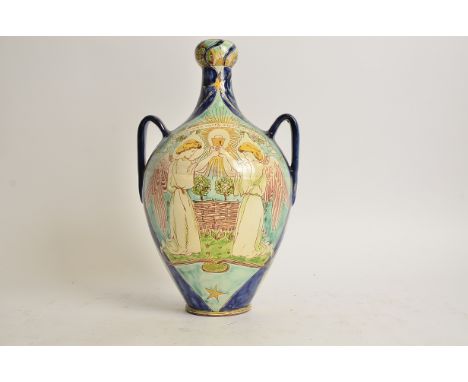 Della Robbia Pottery (Birkenhead 1894-1906),  a twin handled jug with garlic head neck, with sgraffito decoration of an angel