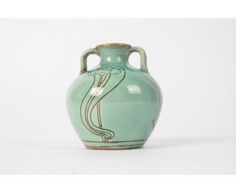 Della Robbia Pottery (Birkenhead 1894-1906),  a twin handled ovoid vase, with green glaze and sgraffito decoration of stylise