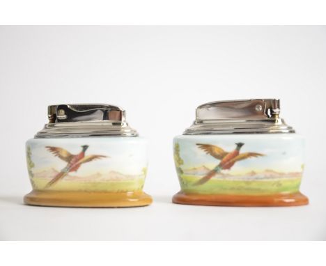 A Minton bone china table cigarette lighter painted with pheasants in flight,  signed T.Lee, 7.5cm x 3cm x 6cm, together with