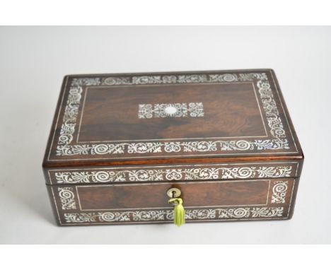 A 19th Century rosewood writing slope with mother of pearl inlay and inset brass handles,  the interior with tooled leather, 
