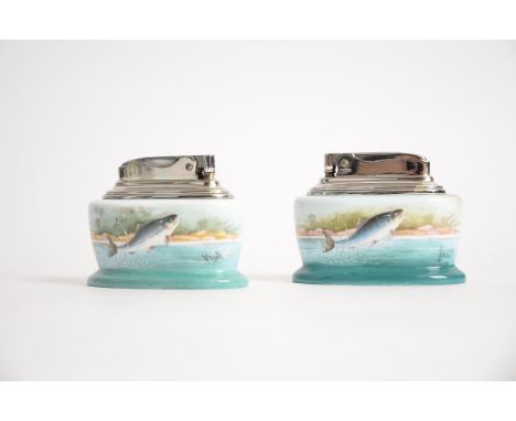 A Minton bone china table cigarette lighter painted with leaping fish design,  signed R. Scott, 7.5cm x 3cm x 6cm, together w