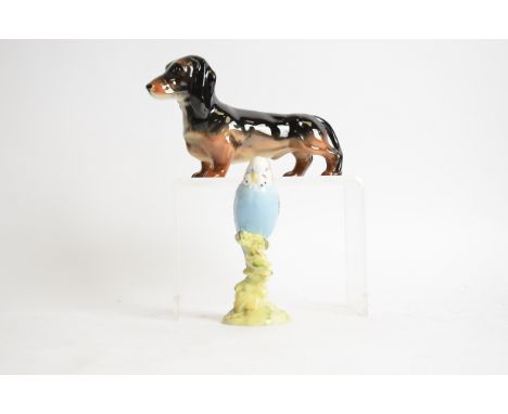 A Beswick blue Budgie no. 1217, height 16cm, together with a Beswick dachshund, length 23cm (2) 