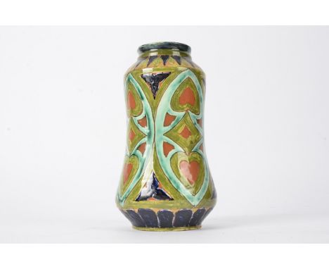 Della Robbia Pottery (Birkenhead 1894-1906),  a cylindrical jar with geometric Arabesque style decoration using the sgraffito