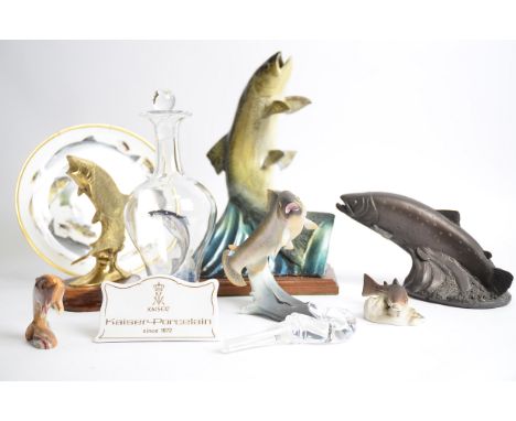 A group of angling and river fish related collectables,  to include a glass decanter with enamel work of a fish, height 28cm,