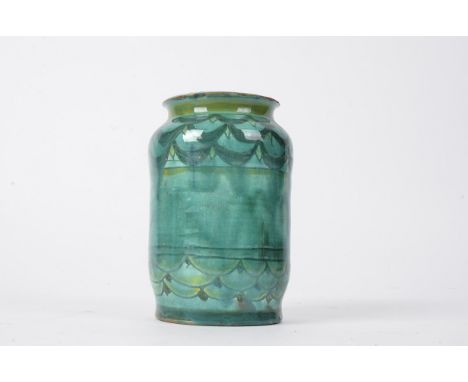 Della Robbia Pottery (Birkenhead 1894-1906),  a cylindrical jar with unctuous dripping glaze, the design in multiple bordered