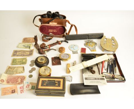 A group of mixed collectables to include AA badge,  clock, barometer, Ronson early plastic accessories box, lighter, pipes, p