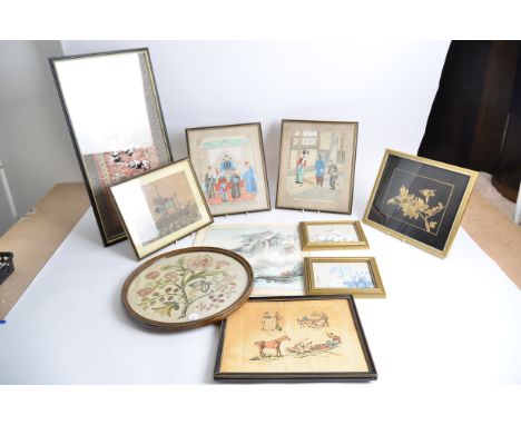Three Chinese rice paper watercolours,  one of a sailing vessel, imperial personage and attendants, all framed and glazed, ha