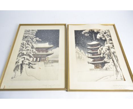 A pair of Japanese woodblock prints attributed to Nisaburo Ito (Japanese 1910 - 1988) Nimaji Temple gate in snow', framed and