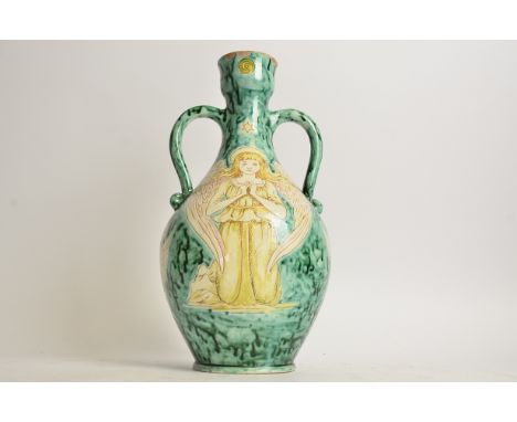 Monogrammed RB Ruth Bare Della Robbia Pottery (Birkenhead 1894-1906), a twin handled vase of ovoid form with sgraffito celest