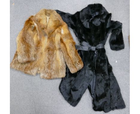 Ladies Black Fur Coat: with leather belt together with similar shorter item, approx size 16