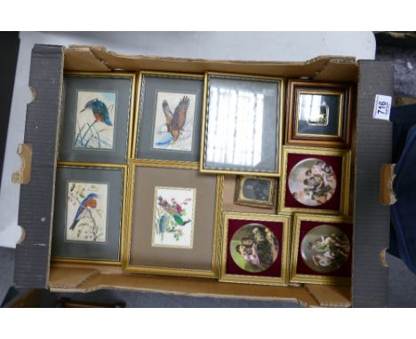 A collection of framed jacquard loom silks: with images of birds together with similar ceramic items