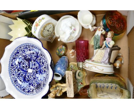 A mixed collection of items to include: Aynsley Cottage Garden mantle clock, glass ware, Beswick dogs, large fluted blue &amp