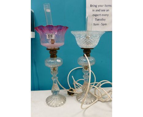 Antique pressed glass oil lamp with cranberry shade: Converted to electricity.                
