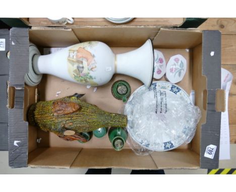 A mixed collection of items to include: decorated glass vase, unusual similar item with crocodile decoration, Maltese condime