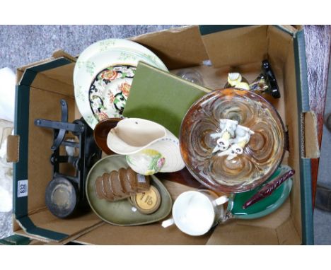 A mixed collection of items to include: Glass Clown figure, traditional cast metal kitchen scales &amp; weights, pottery wall
