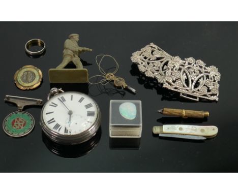 Silver gents key wing watch &amp; other collectors pieces: Includes silver plated nurses buckle, un set opal, silver medal, s