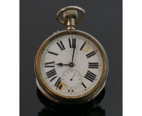 A silver plated Goliath pocket watch: enamel face has cracks.