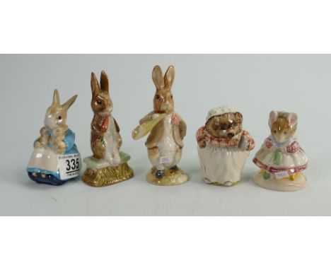 Royal Albert Beatrix Potter figures: Tom Thumb, Mrs Tiggy Winkle, Fierce Bad Rabbit &amp; second figures Mrs Rabbit, The Old 