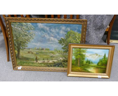 Unsigned Oil on canvas landscape scene: together with similar smaller item(2)