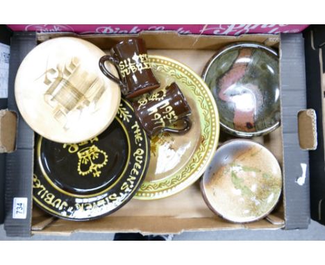 A collection of studio pottery: to include Chesterton commemorative items, glazed shallow bowls and similar item marked A D