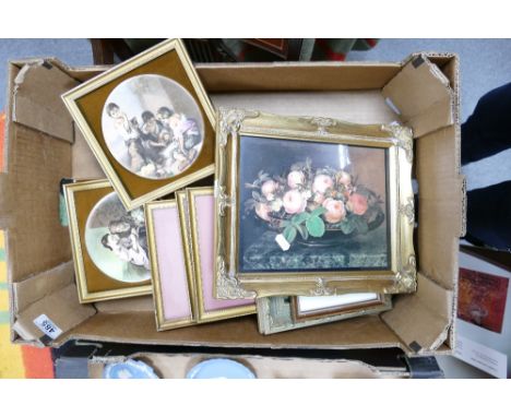 A collection of framed prints: together with four framed ceramic tiles